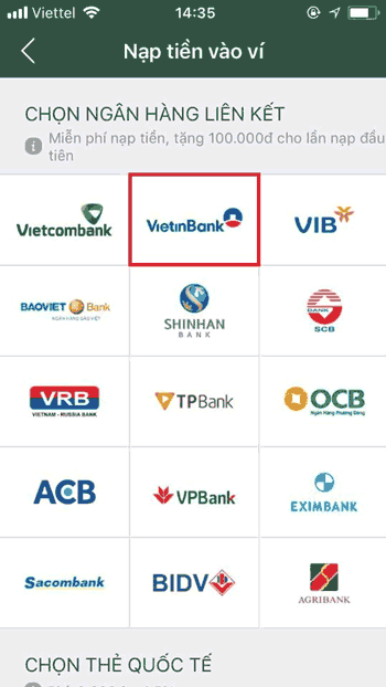 Bước 2 : Chọn vào VietinBank - Cách liên kết MoMo với Vietinbank